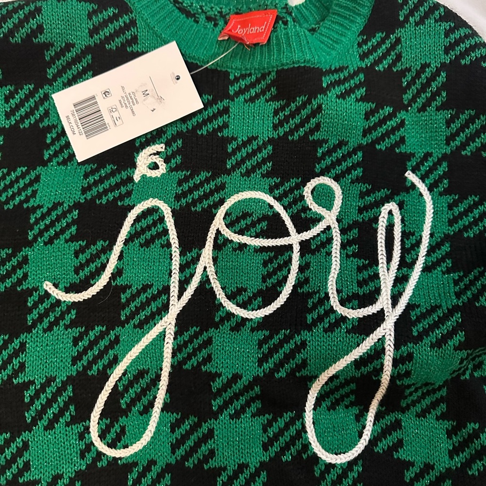 NEW Women’s Medium Holiday Green and Black Houndstooth Sweater - Joy Embroidered